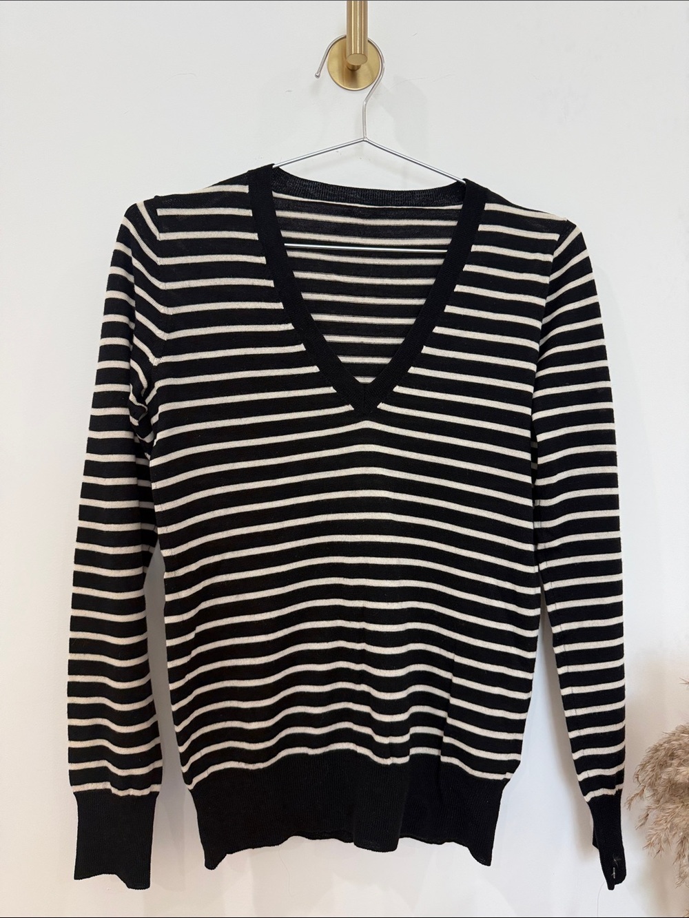 Club Monaco Black & Cream Striped V-Neck Sweater